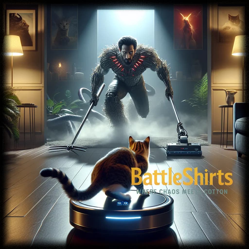 Cat vs Vacuum Cleaner - Cat vs Vacuum - custom printed battle t-shirt