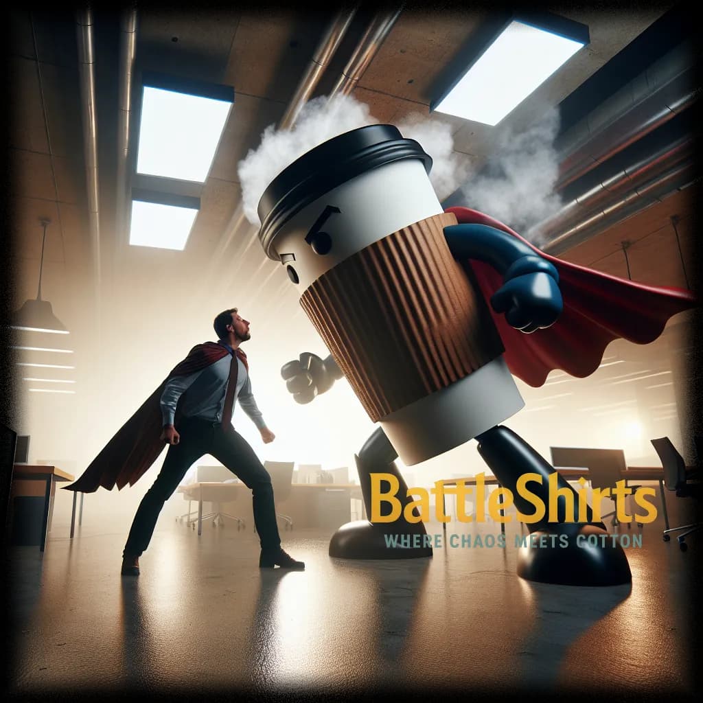 Giant Coffee Cup vs Monday Morning - Coffee vs Monday - custom printed battle t-shirt