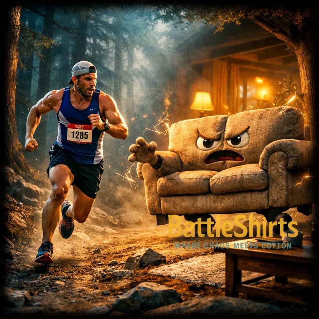 Marathon Runner vs Cozy Couch - Runner vs Couch - custom printed battle t-shirt