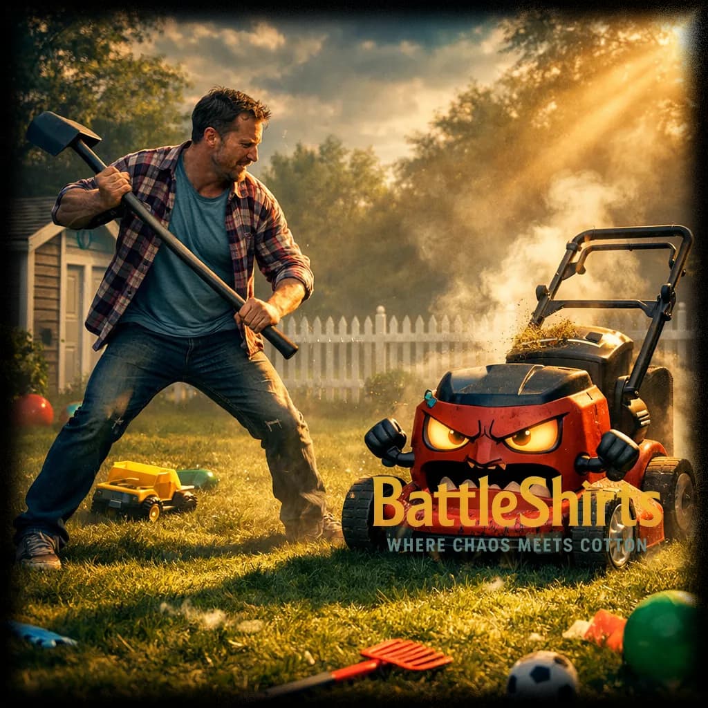 Dad vs Lawn Mower - Dad vs Lawn Mower - custom printed battle t-shirt