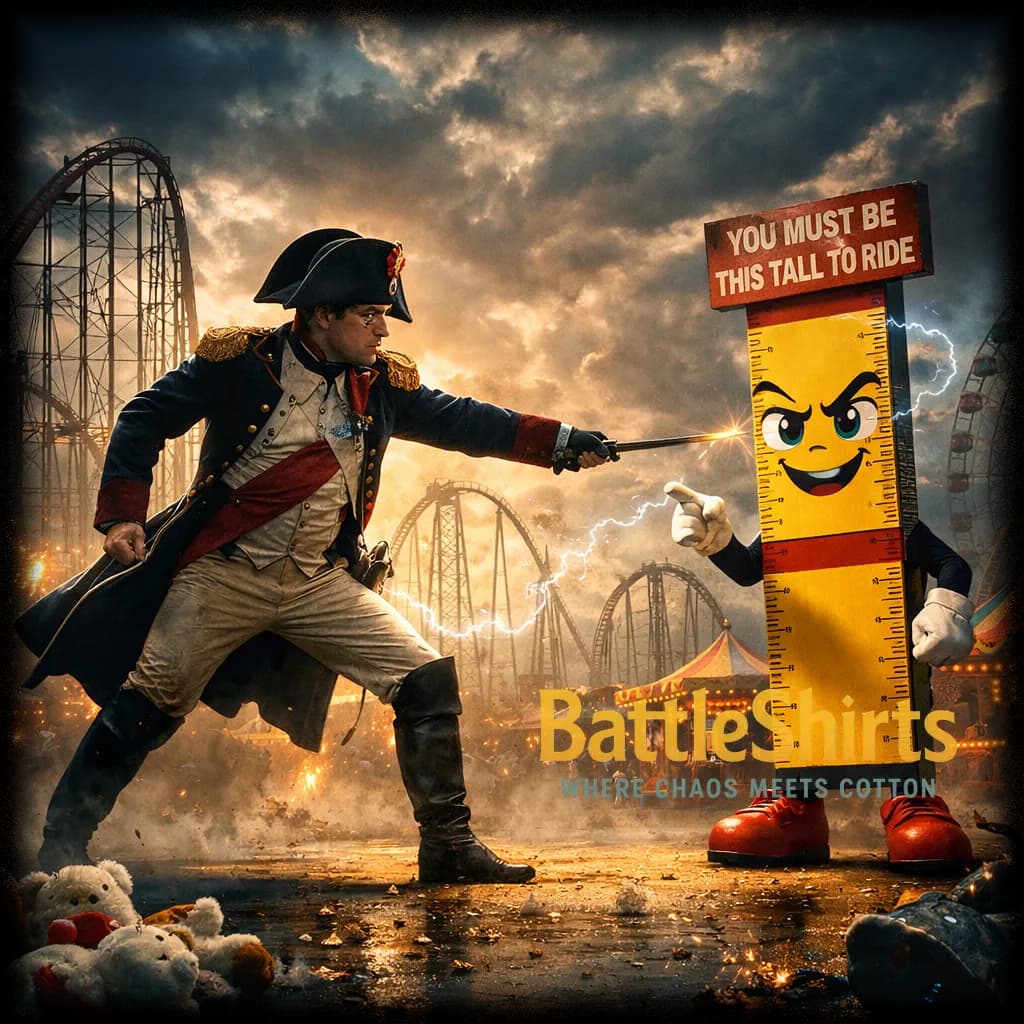 napoleon bonaparte vs a ride height checker for a roller coaster - napoleon bonaparte vs a ride height checker for a roller coaster - custom printed battle t-shirt