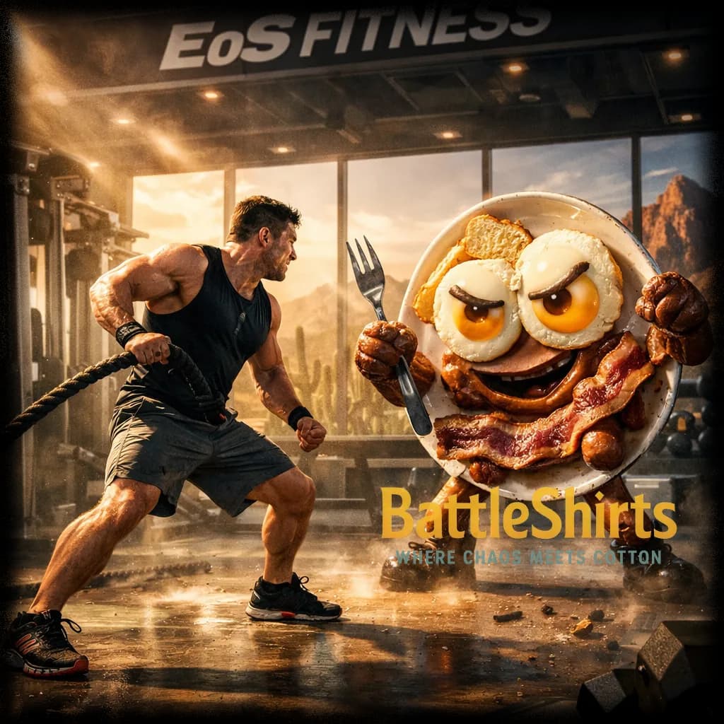 Gym rat trying to stay healthy vs Amazing looking breakfast - Gym rat trying to stay healthy vs Amazing looking breakfast - custom printed battle t-shirt